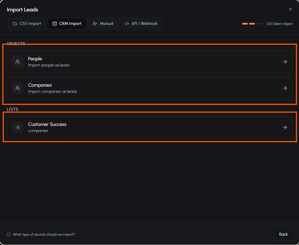 Import Leads screen showing People, Companies, and an Attio list as import options.