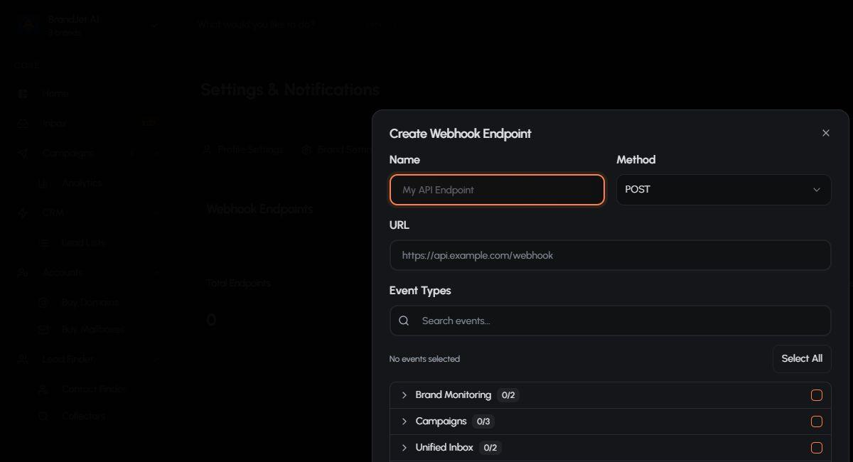 Create the Attio endpoint in BrandJet with POST, selected events, retries, timeout, and endpoint enabled.