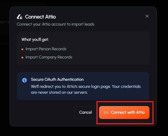 Connect Attio modal showing the Connect with Attio button and secure OAuth authentication message.