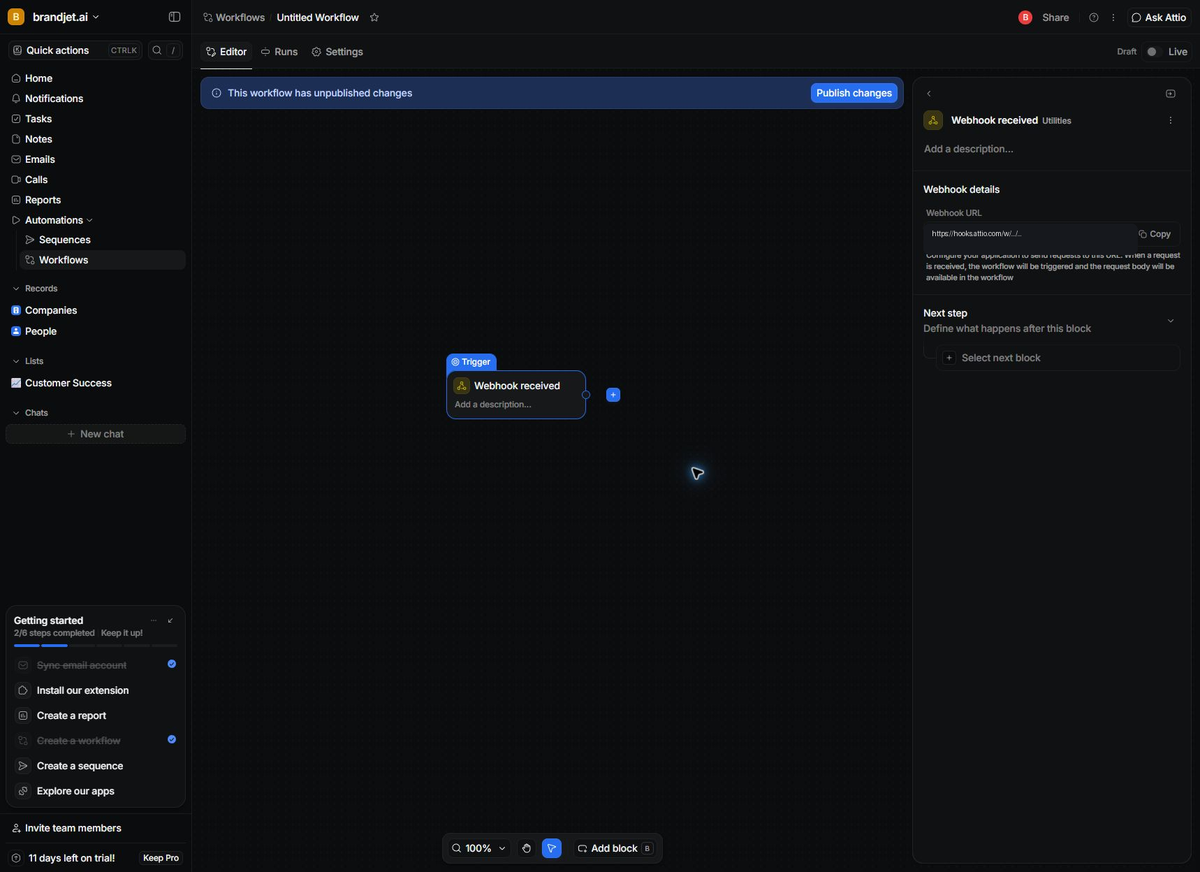 Attio workflow with the Webhook received trigger live and ready to receive BrandJet requests.