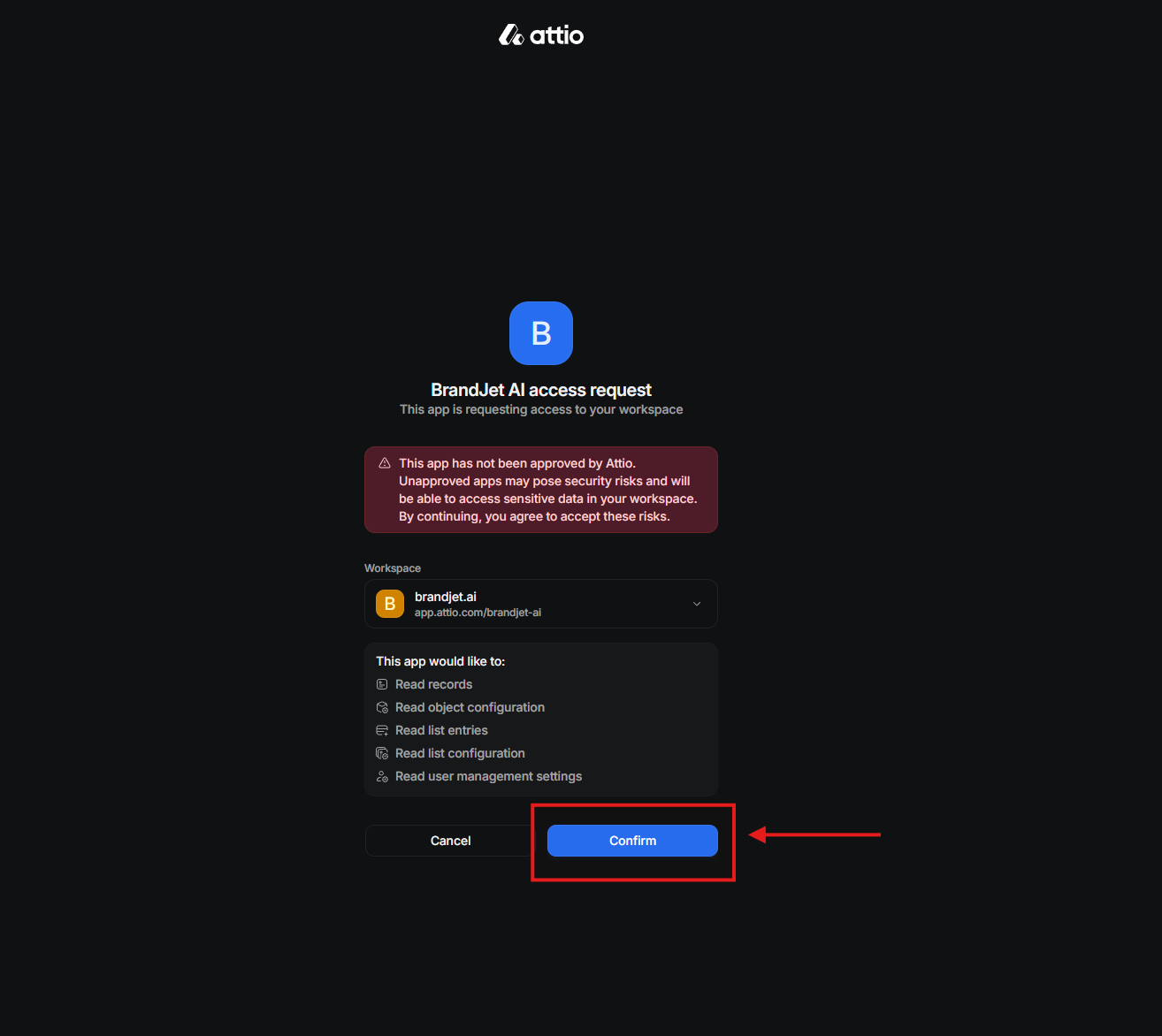 Attio OAuth access request screen with the Confirm button highlighted.