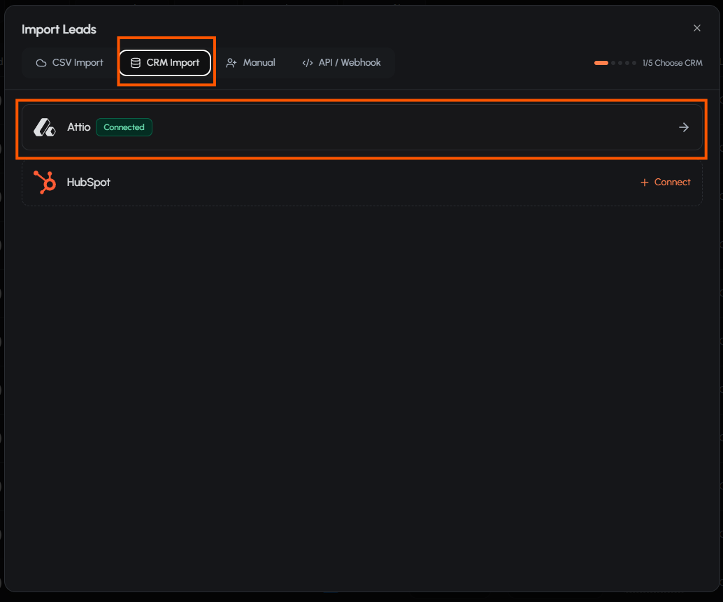 Import Leads dialog showing CRM Import selected and Attio marked as connected.