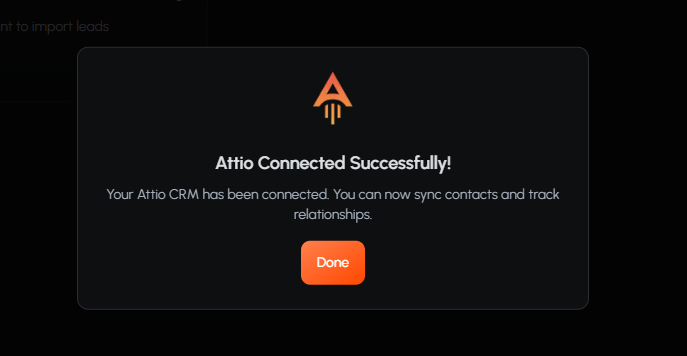 BrandJet AI modal confirming that Attio connected successfully with a Done button.