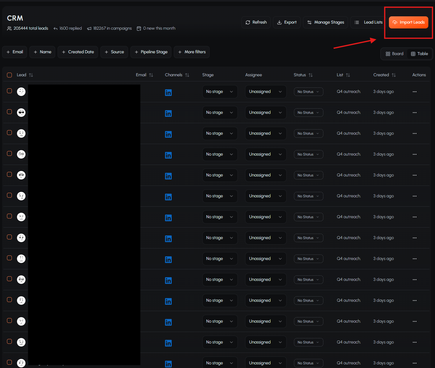 BrandJet AI CRM screen with the Import Leads button highlighted.